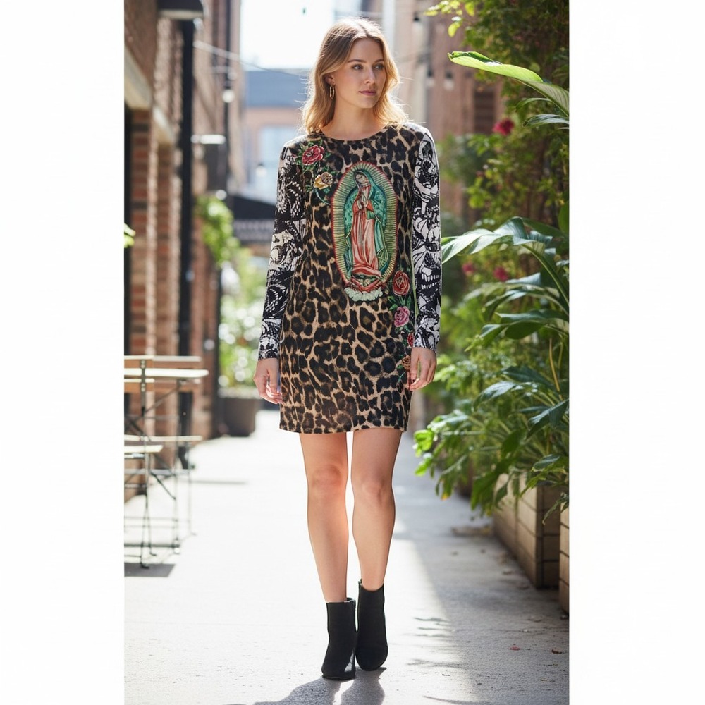 Ed Hardy Dress Medium Virgin Mary Leopard Mesh Long Sleeve Y2K Mini